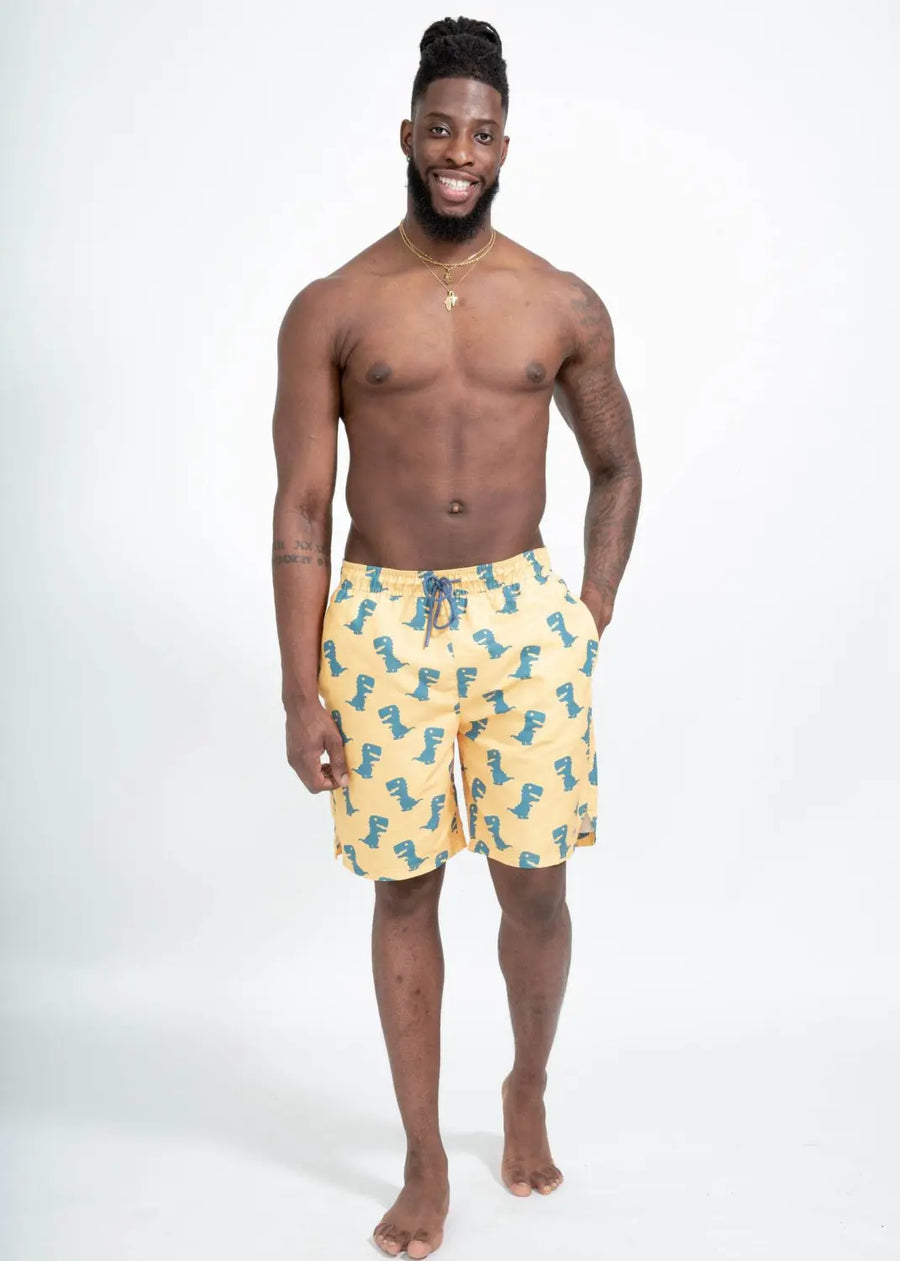 boochen eco man's boardshorts, sustainable boardshorts, beachshorts, nachhaltige badehose dino print