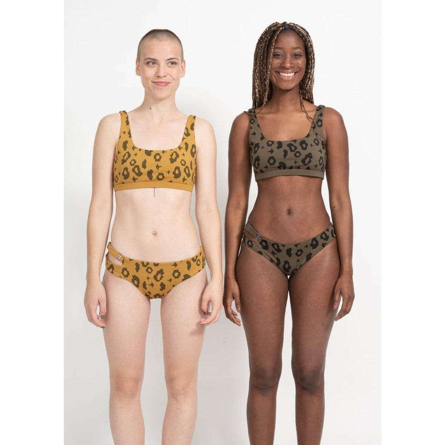 boochen sustainable bikini top caparica in yellow leopard Reversible bikini, surf bikini, eco-friendly swimwear, nachhaltige bademode, bikini oberteil